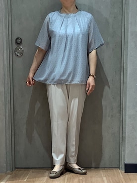 「TOKYO SHIRTS（トウキョウシャツ）のランダムドット  シフォンブラウス 五分袖（シャツ/ブラウス、ブルー系）」を使った、BRICK HOUSE by Tokyo Shirts 札幌発寒イオンモール店さん（レディース・156cm）の夏コーディネート