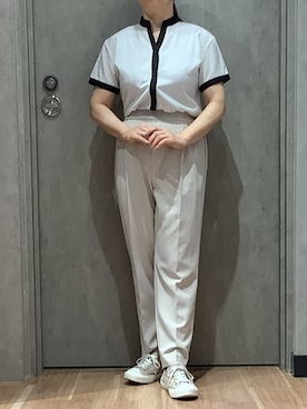 「TOKYO SHIRTS（トウキョウシャツ）の【吸水速乾】【COFREX】配色 スキッパー衿 ブラウス 半袖 レディースデザインシャツ（シャツ/ブラウス、グレー系）」を使った、BRICK HOUSE by Tokyo Shirts 札幌発寒イオンモール店さん（レディース・156cm）の夏コーディネート