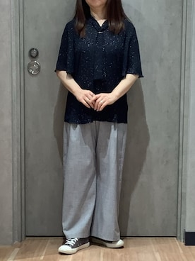 「TOKYO SHIRTS（トウキョウシャツ）の接触冷感 ジョーゼット ボウタイ ブラウス 半袖（シャツ/ブラウス、ブルー系）」を使った、BRICK HOUSE by Tokyo Shirts 札幌発寒イオンモール店さん（レディース・156cm）の夏コーディネート