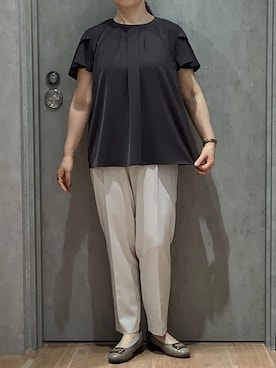 「TOKYO SHIRTS（トウキョウシャツ）の接触冷感 シルキーサテン フレア袖 ブラウス（シャツ/ブラウス、ブラウン系）」を使った、BRICK HOUSE by Tokyo Shirts 札幌発寒イオンモール店さん（レディース・156cm）の夏コーディネート