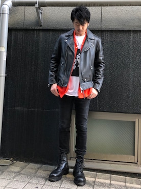 「バンドT」｜「アイテム（ライダースジャケット）」を使った、Reggieさん（メンズ・168cm）の秋コーディネート