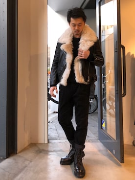 「リラックススタイル」｜「アイテム（ライダースジャケット）」を使った、Reggieさん（メンズ・168cm）の冬コーディネート