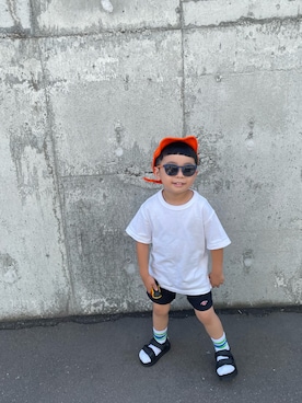 「GRIN BUDDY（グリンバディ）のアイテム（キャップ）」を使った、AtoTさん（キッズ・100cm）の夏コーディネート