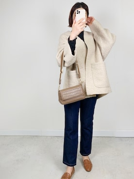 「アイテム（ノーカラージャケット、ホワイト系）」を使った、mayuさん（レディース・158cm）の秋コーディネート