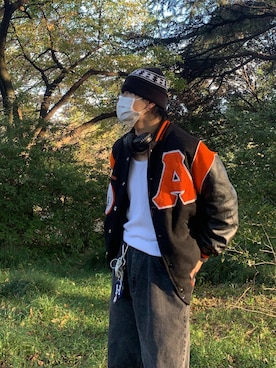 「HUF（ハフ）のPALISADES BEANIE / HUF ビーニー　ニット帽（ニットキャップ/ビーニー、ブラック系）」を使った、kouuuuuukiさん（メンズ・175cm）の秋コーディネート