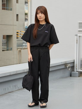 「THOUSAND MILE（サウザンドマイル）のTHOUSAND MILE/サウザンドマイル SHORT SLEEVE T-SHIRT & LONG PANTS SET 2026年春夏（セットアップ、ブラック系）」を使った、萌笑さん（レディース・157cm）の春コーディネート