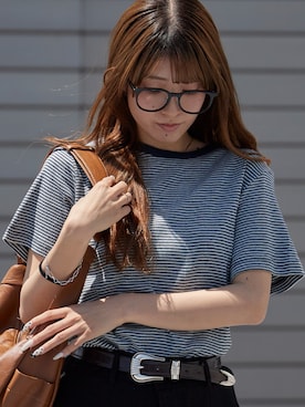 「MILLER（ミラー）のR.P.miller/ミラー パネルリブ 半袖 Tシャツ 2026年春夏 再入荷 新色追加春服 夏服（Tシャツ/カットソー、グレー系）」を使った、萌笑さん（レディース・157cm）の春コーディネート