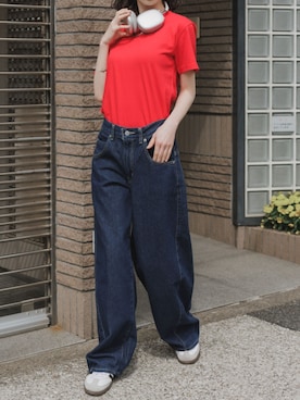 「ROOPTOKYO（ループトウキョウ）のハイグレードコットン 5.6oz 丸胴 半袖Ｔシャツ ユニセックス/クルーネック/無地T 2026年 夏 夏服（Tシャツ/カットソー、レッド系）」を使った、萌笑さん（レディース・157cm）の夏コーディネート