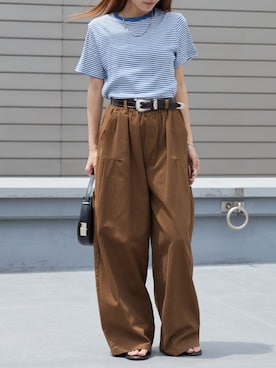 「MILLER（ミラー）のR.P.miller/ミラー パネルリブ 半袖 ベーシック Tシャツ 2026年 夏 夏服（Tシャツ/カットソー、ホワイト系）」を使った、萌笑さん（レディース・157cm）の夏コーディネート