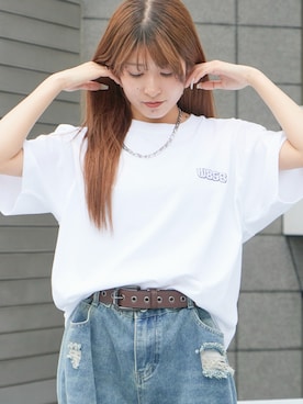 「WBSB（ダブルビーエスビー）のWBSB/ダブルビーエスビー Dinosaur S/S TEE 半袖Tシャツ クルーネック メンズ 2026年春夏春服 夏服（Tシャツ/カットソー、ホワイト系）」を使った、萌笑さん（レディース・157cm）の春コーディネート