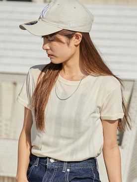 「MILLER（ミラー）のR.P.miller/ミラー CR Prib S/S Tee クルーネック パネルリブ シアー 半袖Tシャツ レディース 2026新作（Tシャツ/カットソー、ホワイト系）」を使った、萌笑さん（レディース・157cm）の春コーディネート