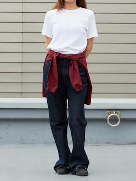 「MILLER（ミラー）のR.P.miller/ミラー PANELRIB C/N TEE パネルリブ クルーネック 半袖Tシャツ 無地 ボーダー 首元リブ パイピング 2026年 夏 夏服（Tシャツ/カットソー、ホワイト系）」を使った、萌笑さん（レディース・157cm）の夏コーディネート