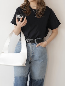 「GILDAN（ギルダン）の【GILDAN】ギルダン/ 色・サイズ展開豊富 クルーネック Tシャツ ウルトラコットン100% 6.0oz ベーシック無地カットソー ビッグサイズ ヘビーウェイト 2026年 夏 夏服（Tシャツ/カットソー、ブラック系）」を使った、萌笑さん（レディース・157cm）の夏コーディネート
