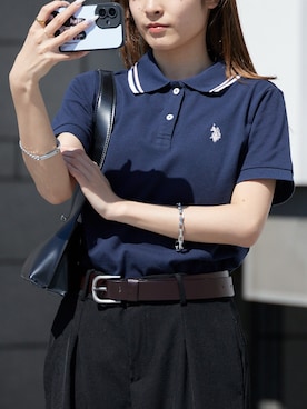 「U.S. POLO ASSN.（ユーエスポロアッスン）のU.S. POLO ASSN./ユーエスポロアッスン ラインデザイン ロゴ刺繍 ポロシャツ 2026年春夏（ポロシャツ、ブルー系）」を使った、萌笑さん（レディース・157cm）の春コーディネート