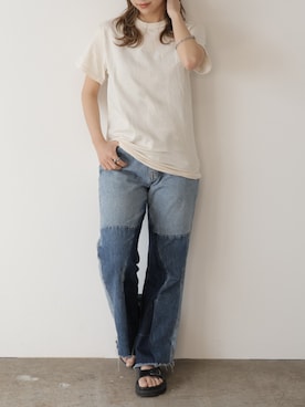 「GILDAN（ギルダン）の【GILDAN】ギルダン/ 色・サイズ展開豊富 クルーネック Tシャツ ウルトラコットン100% 6.0oz ベーシック無地カットソー ビッグサイズ ヘビーウェイト 2026年 夏 夏服（Tシャツ/カットソー、ホワイト系）」を使った、萌笑さん（レディース・157cm）の夏コーディネート