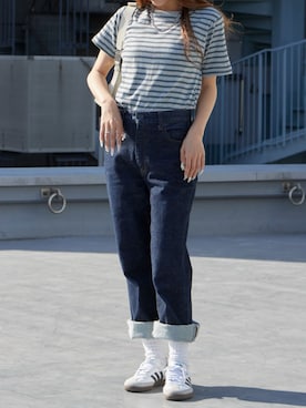 「MILLER（ミラー）のR.P.miller/ミラー PANELRIB C/N TEE パネルリブ クルーネック 半袖Tシャツ 無地 ボーダー 首元リブ パイピング 2026年 夏 夏服（Tシャツ/カットソー、グレー系）」を使った、萌笑さん（レディース・157cm）の夏コーディネート