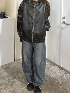 「ALL RUNS（オールランズ）の古着風 シングル ライダースジャケット（ライダースジャケット、ブラック系）」を使った、萌笑さん（レディース・157cm）の春コーディネート