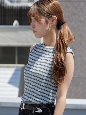 「MILLER（ミラー）のR.P.miller/ミラー Panel ribed tank top タンクトップ 2026年春夏 再入荷 新色追加春服 夏服（タンクトップ、グレー系）」を使った、萌笑さん（レディース・157cm）の春コーディネート