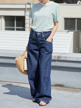 「MILLER（ミラー）のR.P.miller/ミラー パネルリブ 半袖 Tシャツ 2026年春夏 再入荷 新色追加春服 夏服（Tシャツ/カットソー、ホワイト系）」を使った、萌笑さん（レディース・157cm）の夏コーディネート