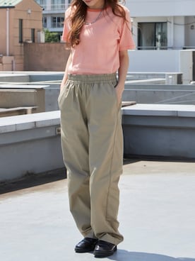 「MILLER（ミラー）のR.P.miller/ミラー PANELRIB C/N TEE パネルリブ クルーネック 半袖Tシャツ 無地 ボーダー 首元リブ パイピング 2026年 夏 夏服（Tシャツ/カットソー、オレンジ系）」を使った、萌笑さん（レディース・157cm）の夏コーディネート