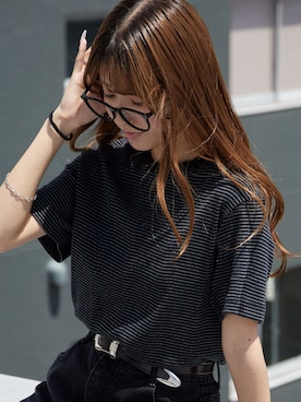 「MILLER（ミラー）のR.P.miller/ミラー パネルリブ 半袖 Tシャツ 2026年春夏 再入荷 新色追加春服 夏服（Tシャツ/カットソー、ブラック系）」を使った、萌笑さん（レディース・157cm）の春コーディネート