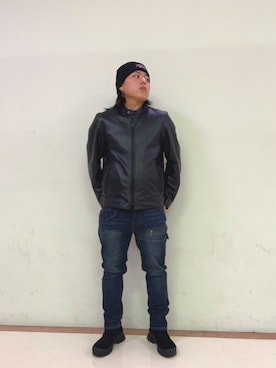 「AVIREX（アヴィレックス）のアイテム（ライダースジャケット）」を使った、nakagawa  jinさん（メンズ・170cm）の秋コーディネート