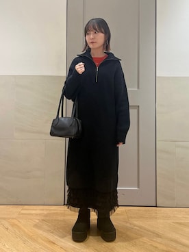 「SHIPS（シップス）のBEAURE:ロング ハンドル ボストン（トートバッグ、ブラック系）」を使った、中島さん（レディース・154cm）の冬コーディネート