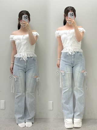 「OLIVE des OLIVE（オリーブデオリーブ）のサイドスリットリボンストレッチパンツ（デニムパンツ）」を使った、yuiさん（レディース・156cm）の夏コーディネート