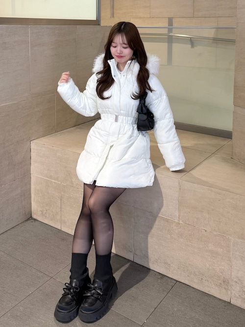 ウエストベルト付き中綿コート