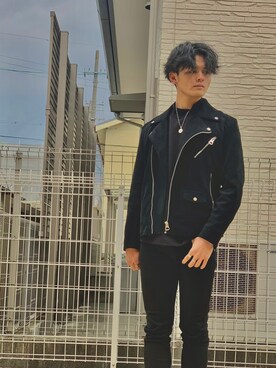 「H&M（エイチ・アンド・エム）のアイテム（ライダースジャケット）」を使った、REIIKEDA/   池田礼優さん（メンズ・175cm）の冬コーディネート