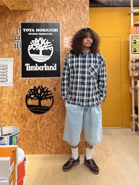 「Timberland（ティンバーランド）のヤーン ダイ プレイド 長袖 シャツ ユニセックス（シャツ/ブラウス、パープル系）」を使った、Shogoさん（メンズ・175cm）の夏コーディネート