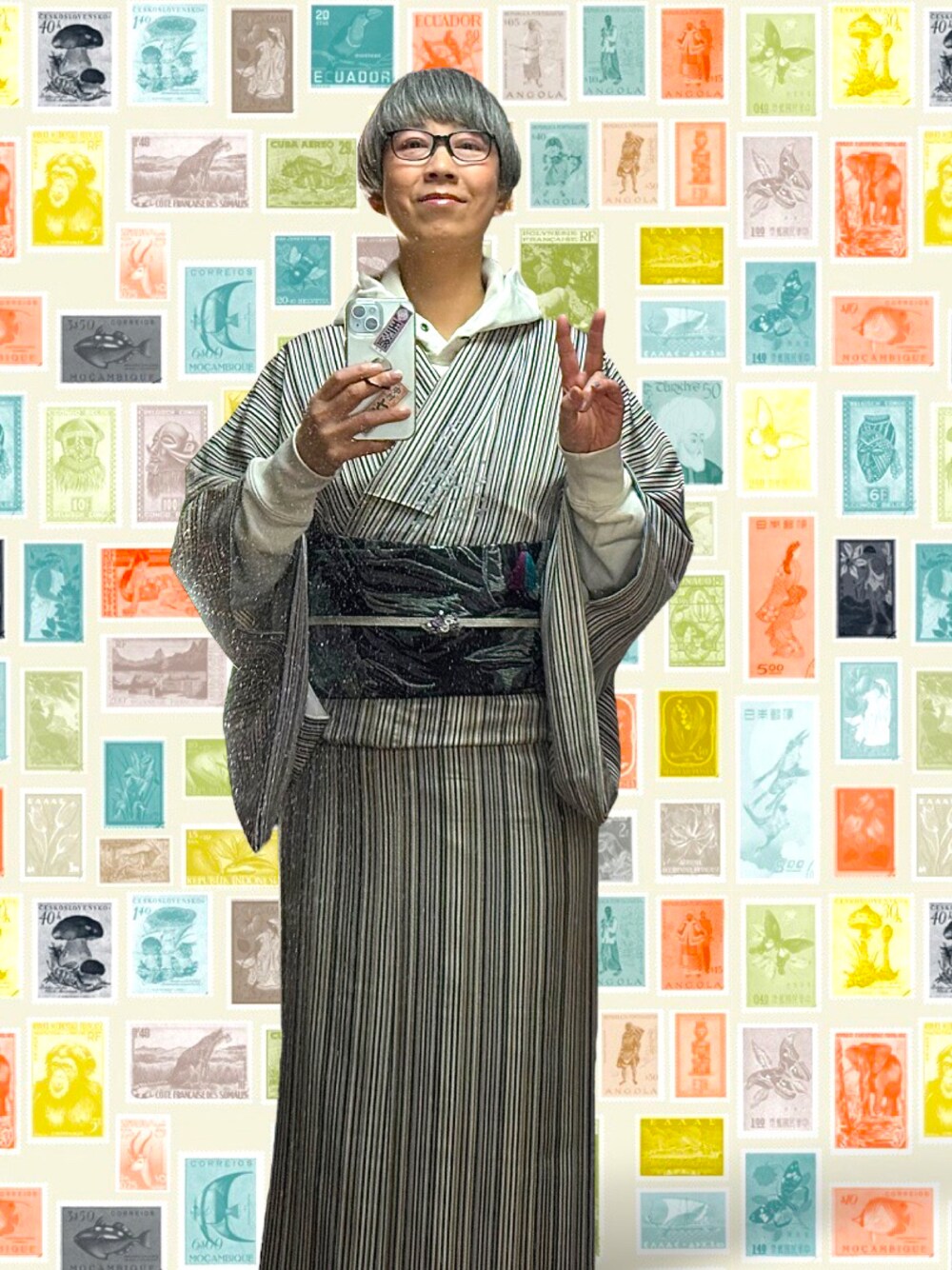 「着物」｜「JOTARO SAITOのアイテム（着物、ブラック系）」を使った、つた吉さん（レディース・165cm）の冬コーディネートの1枚目の写真