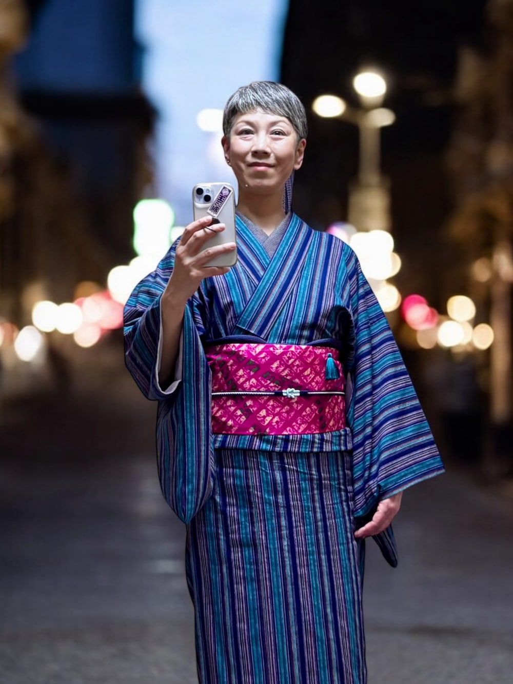 「着物」｜「会津木綿のアイテム（着物、ブルー系）」を使った、つた吉さん（レディース・165cm）の春コーディネートの1枚目の写真