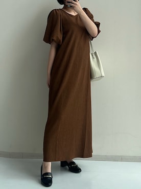 「nissen（ニッセン）のバルーンスリーブジャガードカットソーロングワンピース（ワンピース、ブラウン系）」を使った、p iさん（レディース・155cm）の春コーディネート