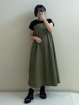 「nissen（ニッセン）のドロスト付シャーリングドッキングワンピース（ワンピース、グリーン系）」を使った、p iさん（レディース・155cm）の夏コーディネート