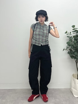 「アイテム（ハンチング/ベレー帽）」を使った、tomoka︎︎︎︎︎☺︎さん（レディース・157cm）の夏コーディネート