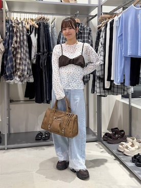 「LOWRYS FARM（ローリーズファーム）のフラワーメッシュロングスリーブ　 1063339（Tシャツ/カットソー、ホワイト系）」を使った、nanakoさん（レディース・156cm）の夏コーディネート