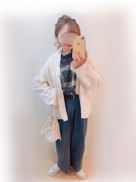 「sakishimatokyo（サキシマトーキョー）のアイテム（ノーカラージャケット）」を使った、まる☺︎さん（レディース・157cm）の冬コーディネート