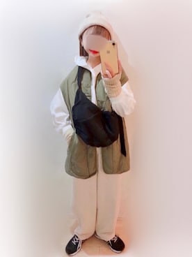 「しまむら（シマムラ）のアイテム（ミリタリージャケット）」を使った、まる☺︎さん（レディース・157cm）の冬コーディネート