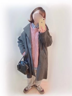 「ケーブルニット」｜「アイテム（スウェットパンツ）」を使った、まる☺︎さん（レディース・157cm）の冬コーディネート