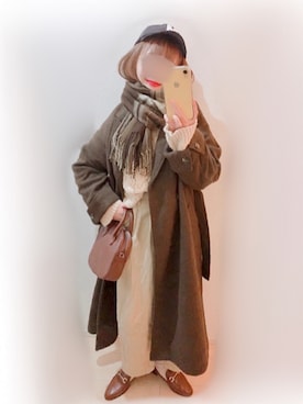 「ケーブルニット」｜「アイテム（チェスターコート）」を使った、まる☺︎さん（レディース・157cm）の冬コーディネート