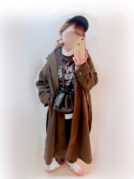 「巾着バッグ」｜「アイテム（チェスターコート）」を使った、まる☺︎さん（レディース・157cm）の冬コーディネート