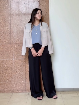 「UNTITLED（アンタイトル）の【11色展開/体型カバー】前後2WAYフレンチスリーブニット（ニット/セーター、パープル系）」を使った、のんさんさん（レディース）の夏コーディネート