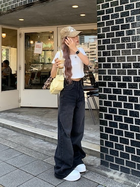 「アイテム（キャップ、イエロー系）」を使った、mayu さん（レディース・153cm）の夏コーディネート