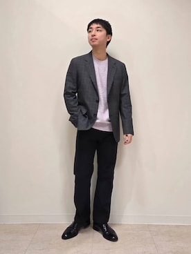 「TAKEO KIKUCHI（タケオキクチ）の【Made in JAPAN】播州織 ストレッチ パンツ（スラックス、ブラック系）」を使った、駆さん（メンズ・167cm）の冬コーディネート