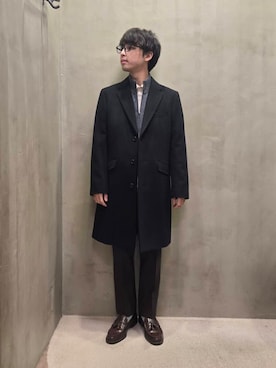 「アイテム（チェスターコート、ブルー系）」を使った、駆さん（メンズ・168cm）の秋コーディネート