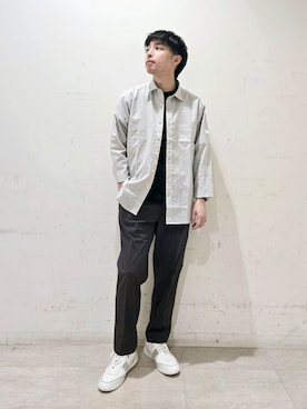 「TAKEO KIKUCHI（タケオキクチ）の【抗菌防臭／5サイズ展開】ハイゲージポンチ Tシャツ（Tシャツ/カットソー、ブラック系）」を使った、駆さん（メンズ・167cm）の春コーディネート