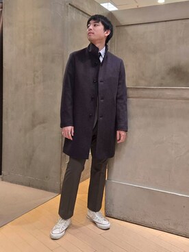 「TAKEO KIKUCHI（タケオキクチ）の【Made in JAPAN】市松紋 ドレスシャツ（ビジネスシャツ、パープル系）」を使った、駆さん（メンズ・167cm）の冬コーディネート