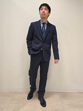 「TAKEO KIKUCHI（タケオキクチ）のメランジ ハニカム ストレッチ ジャケット（テーラードジャケット、ブルー系）」を使った、駆さん（メンズ・167cm）の春コーディネート