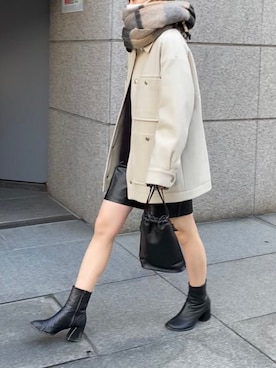 「チェックマフラー」｜「アイテム（ブルゾン）」を使った、田原美波さん（レディース・158cm）の秋コーディネート
